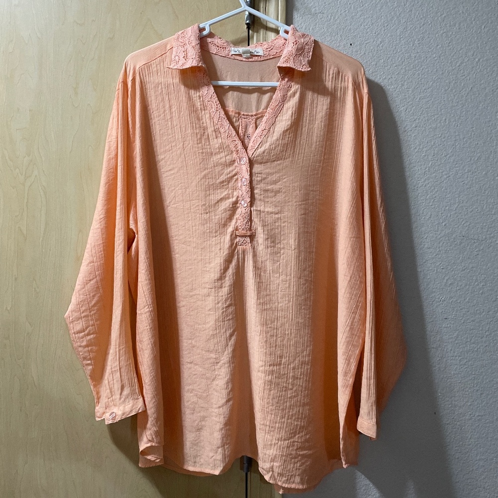 Women XL Pretty Sherbet Orange Lightweight Lace Accent Long Sleeve Blouse- No fa